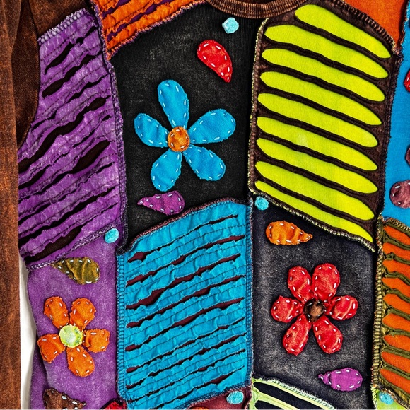 Rising International Hippie Boho Patchwork Shirt Women Medium Embroidered Flower - Picture 5 of 16